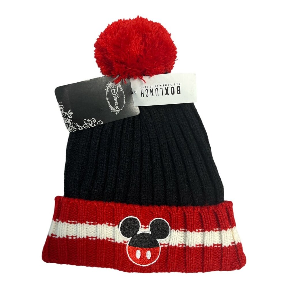 Disney Mickey Mouse Pom Pom Beanie Hat | Black Red White Knit | BoxLunch Exclusi